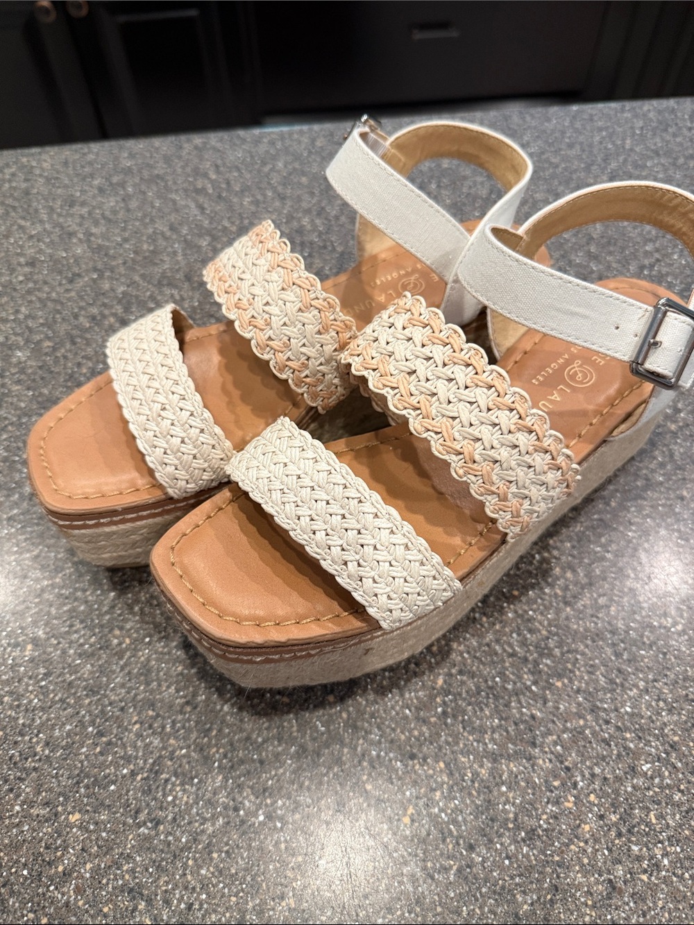 Chinese Laundry Cream Braided Platform Sandals with Tan Footbed